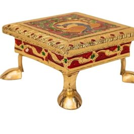 Rajasthani Golden Meenakari Wooden All Purpose Festive Decor Small Religious chowki Peacock Design for Home (4″ X 4″ INCHES)